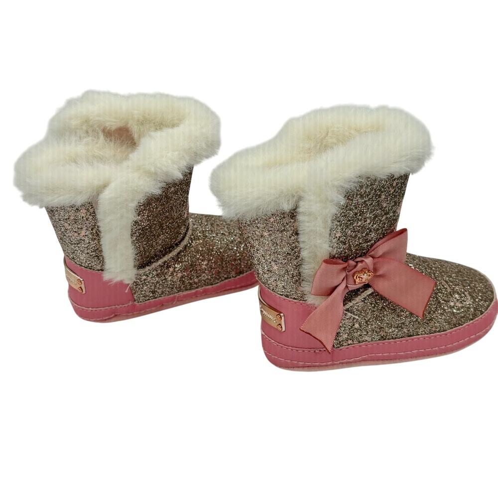 Juicy Couture Baby Girls Pink Sparkle Faux Fur Boots Cozy Warm Crib Shoes 3M
